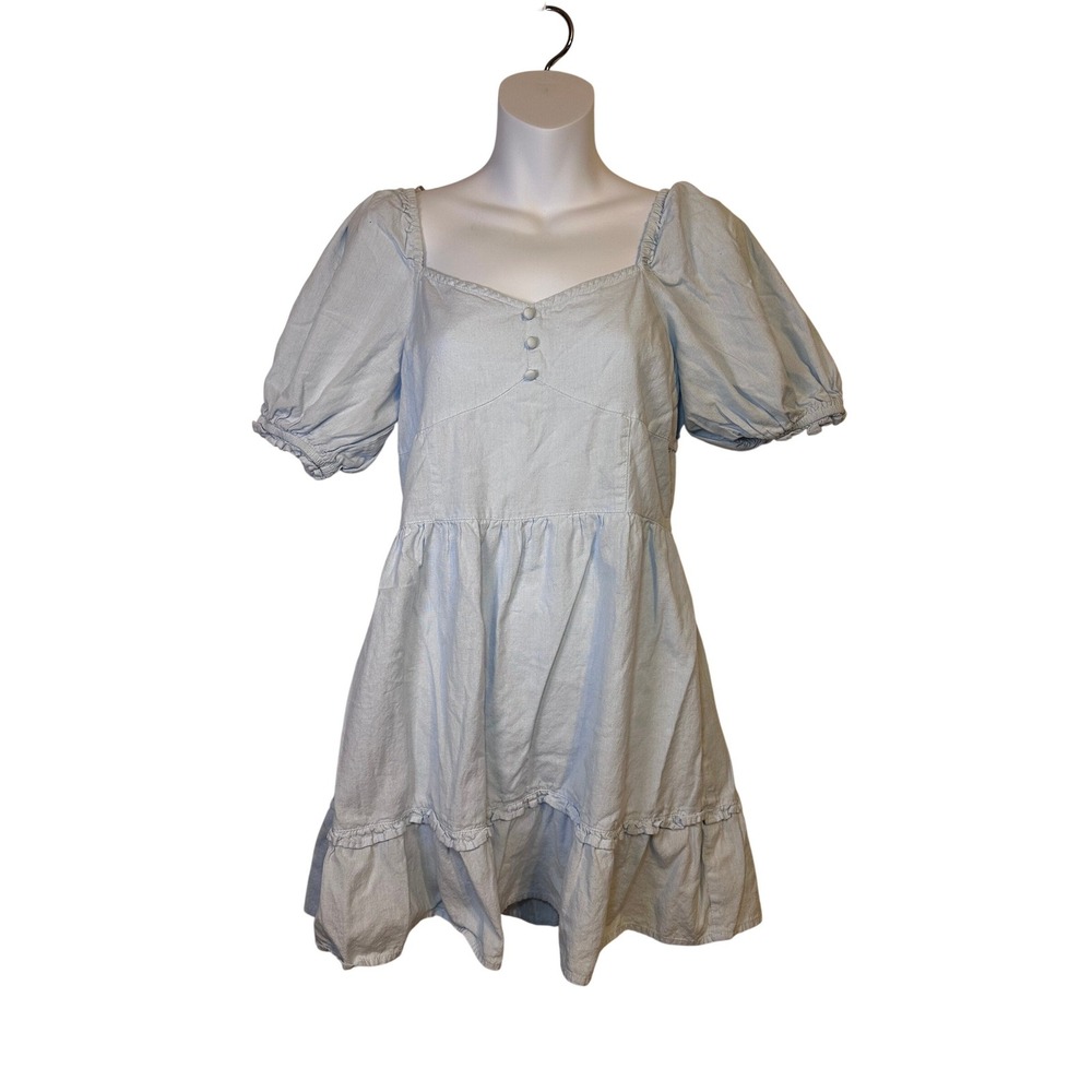 Miss Selfridge Light Wash Puff Sleeve Tiered Ruffle Mini Dress Size US 6